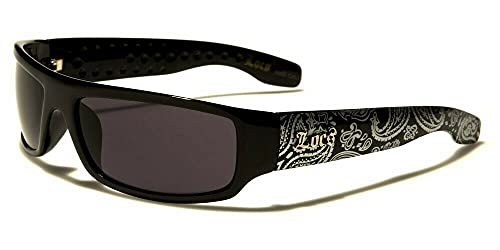 Locs Paisley Bandana Print Slim Rectangular Retro Wrap Around Sunglasses (Glossy Black & Black Bandana Frame, Black Lenses), One Size Fits Most