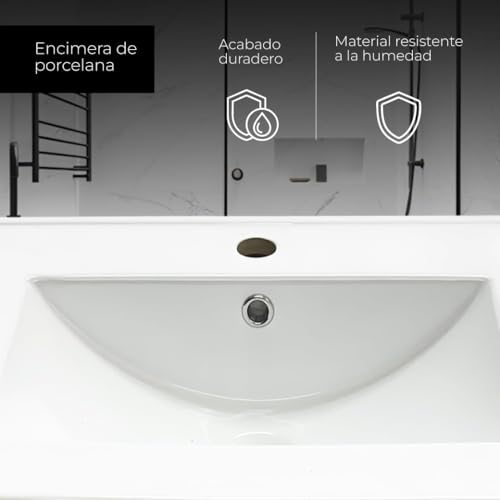 EL BAÑO MODERNO Juego Mueble Baño con Lavabo. Mueble Lavabo 60 cm. Mueble Bajo Lavabo Compacto Preinstalado de Fábrica. Mueble Baño con Lavabo 60 cm con Pie de Porcelana. No Incluye Espejo. - imagen 6
