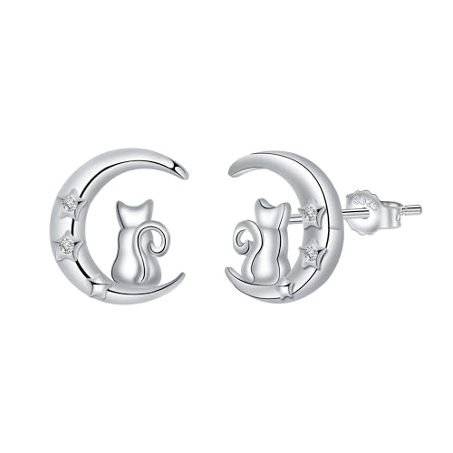 Micory Boucles d'oreilles Chat pour Femme Argent Sterling 925 - Boucles d'oreilles Lune Animal Mignon, Hypoallergéniques, Amoureux Chats Cadeau d'Anniversaire...
