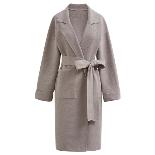 CHICWISH Women's Open Front Cardigan Long Sleeve Notch Lapel Belted Longline Coatigan Ribbed Knit Coat With Pockets2