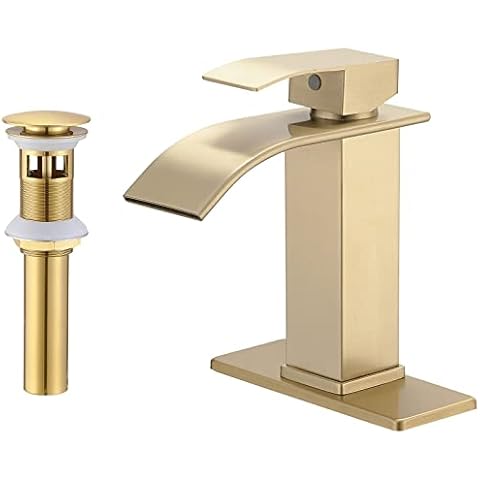 Bathfinesse Gold Bathroom Faucet Waterfall Single Hole Single Handle Modern Stainless Steel Faucet for Bathroom Sink with Pop Up Drain Assembly & Deck Plate Lavatory Rv Vanity Mixer Tap Supply Hose Cover
