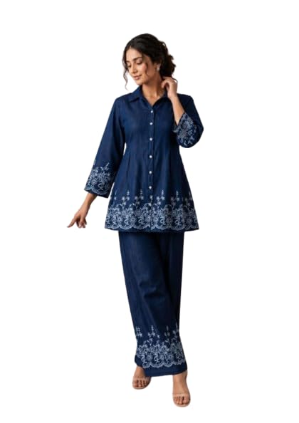 Stylish Denim Embroidered Cord/CO-ord Set for Women Breathable and Comfortable Dress Floral Pattern Top-Pant 3/4 Sleeves Perfect for casual and Occasional Look-picture-12