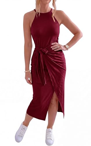 Image of NOLLSOM Women Casual Sleeveless Striped Tank Midi Dresses Halter Neck Ruched Bodycon Dresses Tie Waist T Shirt Summer Dress