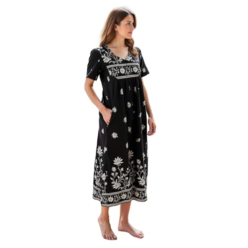 Loungees Short Sleeve Black Monotone Lounger House Dress Caftan - 3 Button Bib Yoke and Pockets