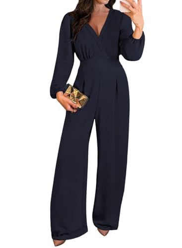 Pink Queen Women Long Sleeve Rompers Dressy V-neck Wide Leg Jumpsuit One Piece Business Casual Outfit Navy Blue M