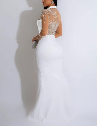 Image of WOKANSE Women's Formal Dresses Mock Neck Sexy Mesh See Through Long Sleeve High Slit Sparkly Rhinestone Prom Dress