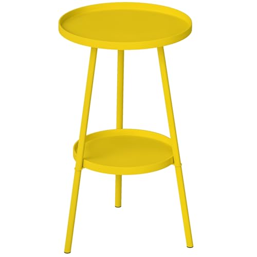 Outsunny Petite Table d'appoint Ronde à 2 Niveaux, Table de Jardin, pour terrasse, Salon, Balcon, en métal, Jaune
