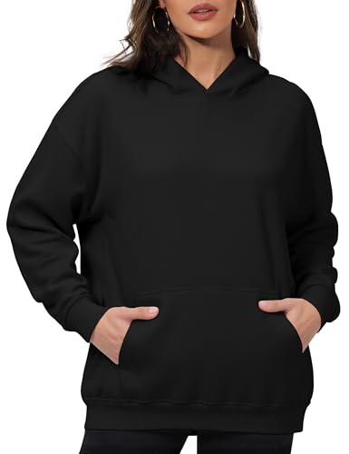 PrettyGuide Sudaderas con capucha de gran tamaño para mujer, de manga larga, cómodas, de forro polar de algodón, con bolsillo, Negro -, M