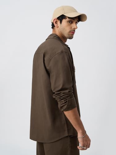 Image of The Souled Store Cotton Linen Utility: Mocha Men and Boys Long Sleeve Collared Neck Button Front Solid Cotton Linen Blend Oversized Shirts
