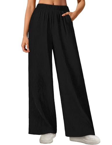 MEROKEETY Women's Wide Leg Palazzo Pants Flowy Pleated Elastic High Waisted Casual Trousers with Pockets