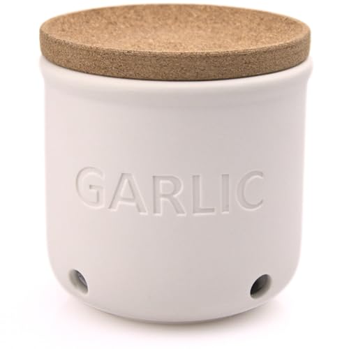Okavango Garlic Keeper - White Ceramic Garlic Container with cork lid - Garlic Storage - Garlic Holder Countertop - Garlic Jar - Garlic Saver - Garlic Bowl - Garlic Cellar (White, 16oz)