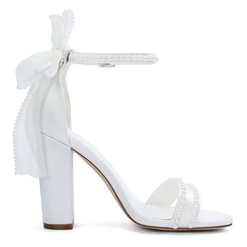 Block Heel Wedding Shoes for Bride Open Toe Pearl Heels with Bow Bridal Shoes Wedding Heels4