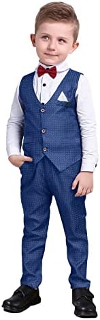 Boys Tuxedos 4pcs Blue Vest Pants White Shirts Red Bow Tie Sets Easter Outfits for Baby Boys Suits 3-7 Years