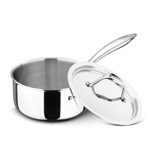 Image of Bergner Argent Triply 14cm Saucepan with Stainless Steel Lid, 1 Liter Sauce Pan, Stay Cool Cast Handle, Food Safe, Consumes Less Oil, Healthy Cooking, Durable - Induction and Gas Stove Ready