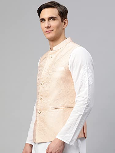 Image of MANQ Men Fawn Woven Jaquard Silk Nehru Jacket