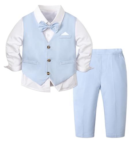 Boys' Long Sleeve Gentleman Suit Outfits Bow Tie Shirts + Vests + Pants Sets, Linen Blue, 18-24 Months = Tag 90