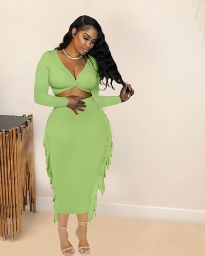 Image of Two Piece Club Outfits for Women Sexy Long Sleeve Crop Top Bodycon Pencil Skirt Tassels Dress V Neck Green S