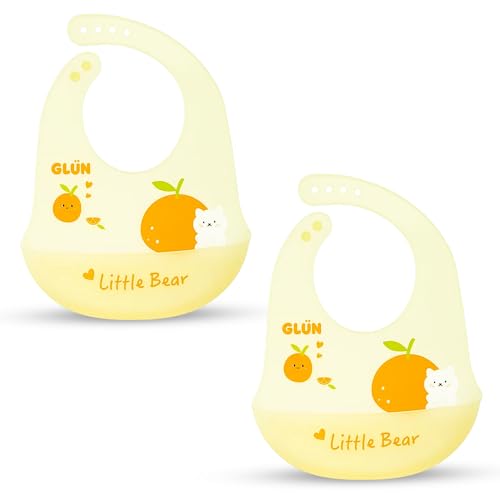 Image of GLUN Pack of 2 Soft Feeding Bibs with Bowl, Cute Oranges Print for Growing Champs, Easily Wipes Clean, Comfortable Soft Baby Bibs, Less Time Cleaning after Meals for Babies