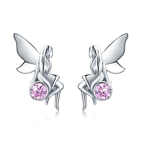 BISAER 925 Sterling Silver Flower Fairy Earrings with Purple Cubic Zirconia Tiny Hypoallergenic Stud Earrings for Women Girls Christmas Gift