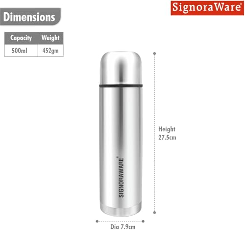 Image of SignoraWare Bullet Stainless Steel Vaccum Insulated ISI Certified Cola Bottle with Protective Cover | Airtight & Leakproof | Hot & Cold for Hours | Durable Flask for Outdoor Use (500ml | Steel)
