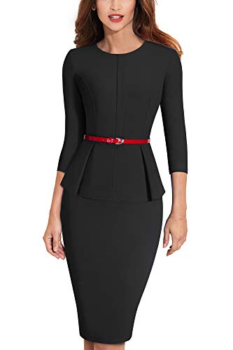 HOMEYEE Negocio Vestido de Mujer Cuello Redondo Peplo Cinturón B473 (EU 36 = Size S, Negro)