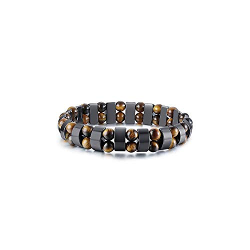 Bracelet en Hématite et Pierre Naturelle Noir ou Hématite et Œil de Tigre. Bracelet élastique avec 2 rangées de perles 6mm homme. Le cadeau parfait (Tigre) Cover