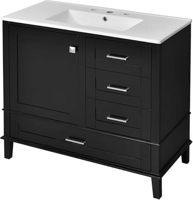 Linique 36 Modern Bathroom Vanity with Sink Combo Set, Bathroom Storage Cabinet with a Soft Closing Door and 3 Drawers, Black