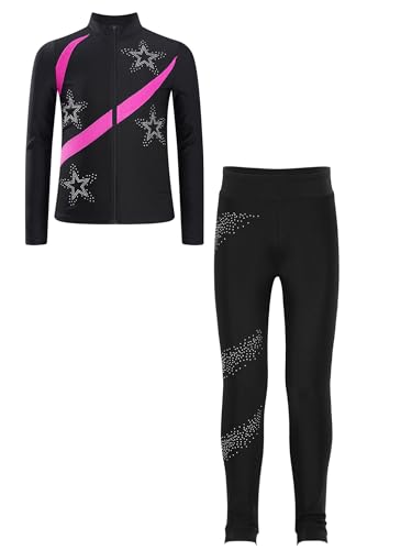 Kids Ice Skating Training Suit Set for Girls Long Sleeves Stande Coller Zipper Sportwear Stretchy Leggings