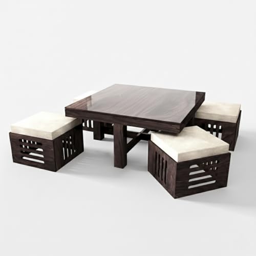 Image of Solid Sheesham Wood Coffee Table for Living Room | Wooden Square Coffee /Tea Table with 4 Cushioned Stools |Center table with Storage Teapoye for Home, Living Room, Balcony, Natural Walnut