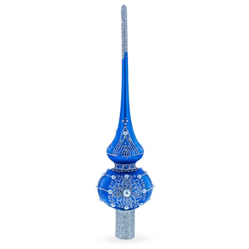 Puntero para árbol de Navidad en vidrio azul con telaraña plateada hecha a mano 2