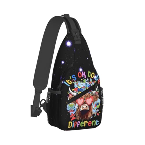 Highland Cow with Autism Puzzle Heart Sunglasses Sling Backpack Unisex Crossbody Chest Bag Shoulder Chest Bag For Women Men Hiking Travel2