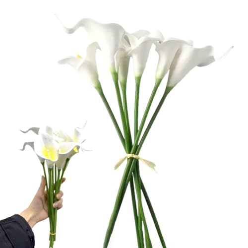 AIMALL 10PCS Mini PU Calla Lily Artificial Flowers White 13in Long Stems Real Touch Latex Bouquet for Home Decoration Photography Wedding Centrepiece Props