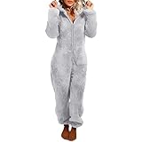 Adult Onesie Pajamas for Women Plus Size Teddy Fleece Hooded Jumpsuit Sherpa Fuzzy Onesies Cozy Warm Rompers Sleepwear Gray