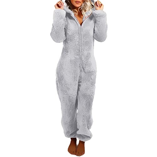 Adult Onesie Pajamas for Women Plus Size Teddy Fleece Hooded Jumpsuit Sherpa Fuzzy Onesies Cozy Warm Rompers Sleepwear Gray