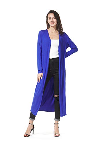 Image of Women's Solid Sweater Essential Duster Long Cascading Open Front Lightweight Blue Cardigan