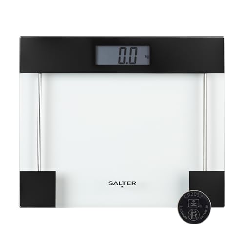 Salter Clear Glass Bathroom Scale – Body Weight Measurements, Toughened Platform, 180KG/400lbs Capacity, LCD Digital Display, Compact, Instant Readings, Kg/St/Lbs, Transparent/Black
