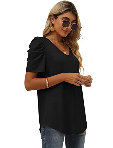 XIEERDUO Womens Summer Shirt V Neck Casual Tshirts Puff Sleeve Tops for Women Solid Color XS-3XL3