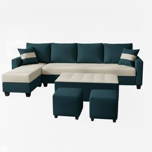Image of CASASTYLE Adonway 8 Seater Fabric LHS L Shape Sofa Set (Cream-Greenish Teal) Premium Velvet Finish | Ideal for Living Rooms