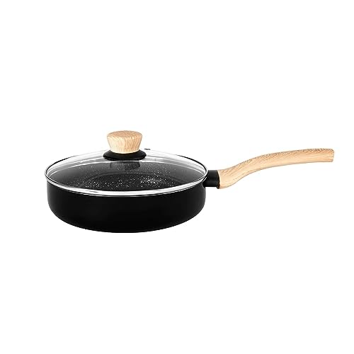 Image of Bergner Bellini Plus Aura 5-Layer Non-Stick 26 cm Deep Frypan with Glass Lid, 3 Litres Frying Pan with Soft Touch Wooden Finish Handle, Induction Bottom and Gas Stove Ready, 1-Year Warranty, Black