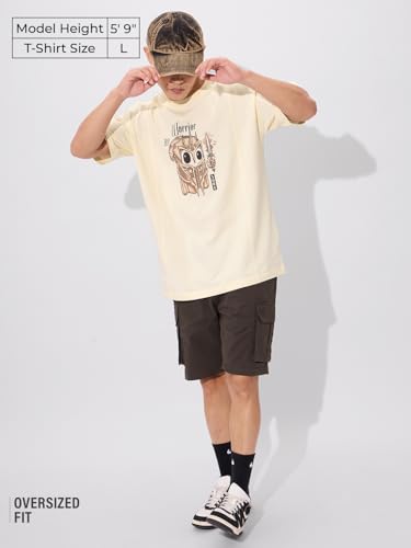 Image of The Souled Store Warrior Soul Men and Boys Short Sleeves Round Neck Yellow Graphic Printed Cotton Oversized T-Shirts