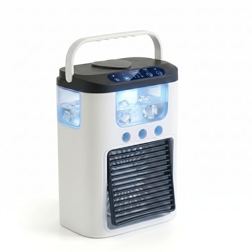 Ventilateur de climatisation portable, alimenté par USB, mini rechargeable climatiseur de bureau avec 3 vitesses et 3 modes de brumisation, réservoir d'eau de 600 ml, lumière RGB