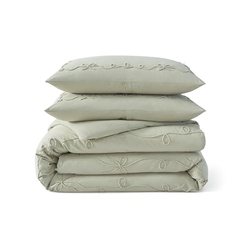 Peri Home Bow Bedding Duvet Cover Cottage Core Vintage Country 100% Cotton 3-Piece Set, Full/Queen, Green Sasha Bows