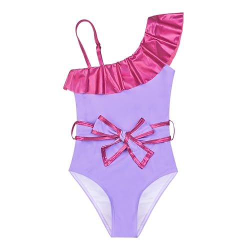 Image of Jxstar Girls One Piece Swimsuit Metallic Ruffle Bathing Suit One Shoulder Swimwear with Decorative Waist Tie & Headband