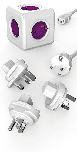 Dr. Bott Travel-Cube ReWirable Original, Power Cube met 5 stopcontacten, meervoudige stekkerdoos met Schuko-kabel en reisadapter voor UK USA AUS, magenta-wit
