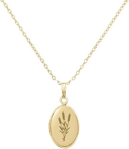 Rikelus Sterling Silver Photo Locket Necklace for Women, Lavender Flower picture locket, Oval Yellow/White Picture Locket Jewelry Birthday Anniversary Christmas Gift for Her Mom Wife