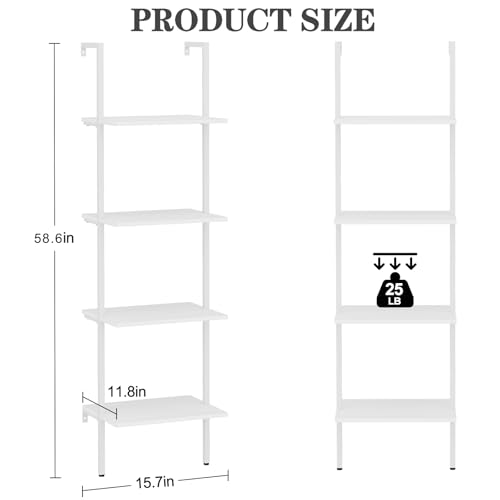 Ladder Shelf 4 Tiers Metal Industrial Bookshelf,White Wooden Tall Open Storage Rack and Display Shelves,Wall Mount Wide Bookcase for Home Office Bedroom,Small