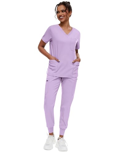 niaahinn Scrubs for Women Set - Stretch V-Neck Scrub Top & Jogger Pant Uniform with 8 Pockets (Purple,M)