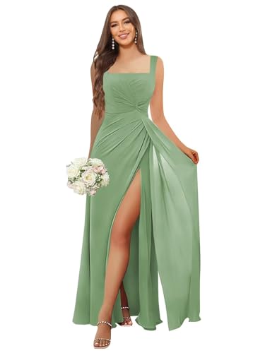 Image of HANVAIOS Square Neck Bridesmaid Dresses Long Chiffon Formal Maxi Dress with Slit