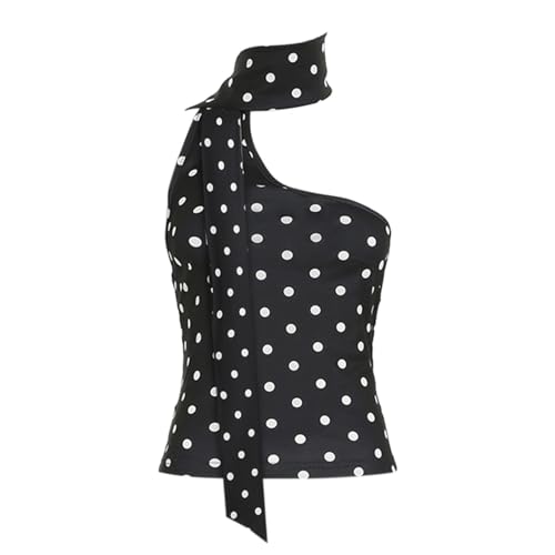 Camisa de tirantes para mujer, diseño de lunares, un hombro, sin mangas, parte superior, sin espalda, con bufanda, top verde para mujer, Negro , S