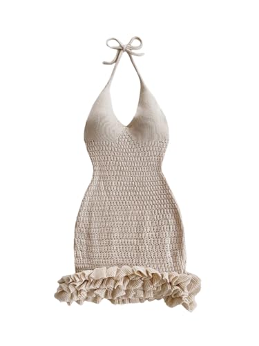 Image of GORGLITTER Women's Vacation Outfit Crochet Halter Knit Bubble Mini Dress Sexy Beach Cruise Summer Miami Resort Outfits